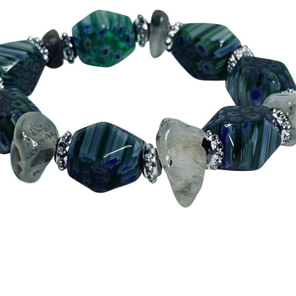 Silver Tone Green Blue & White Millefiori Stretch Bracelet (5802) - Picture 5 of 5